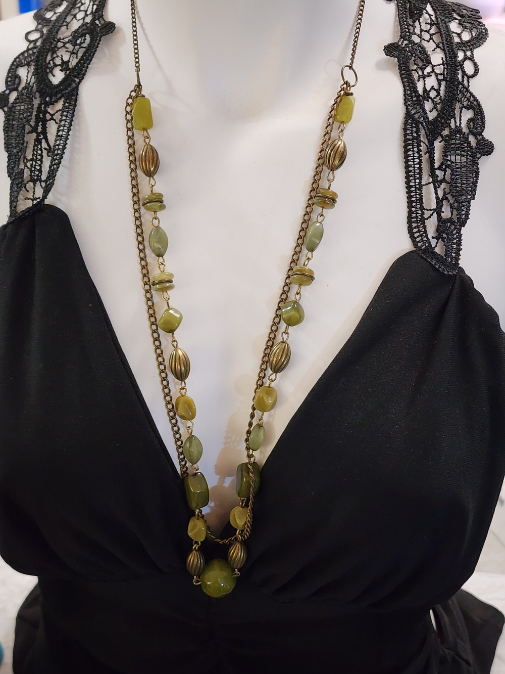 Boho Olive Green Rustic Beaded Long Statement Necklace
